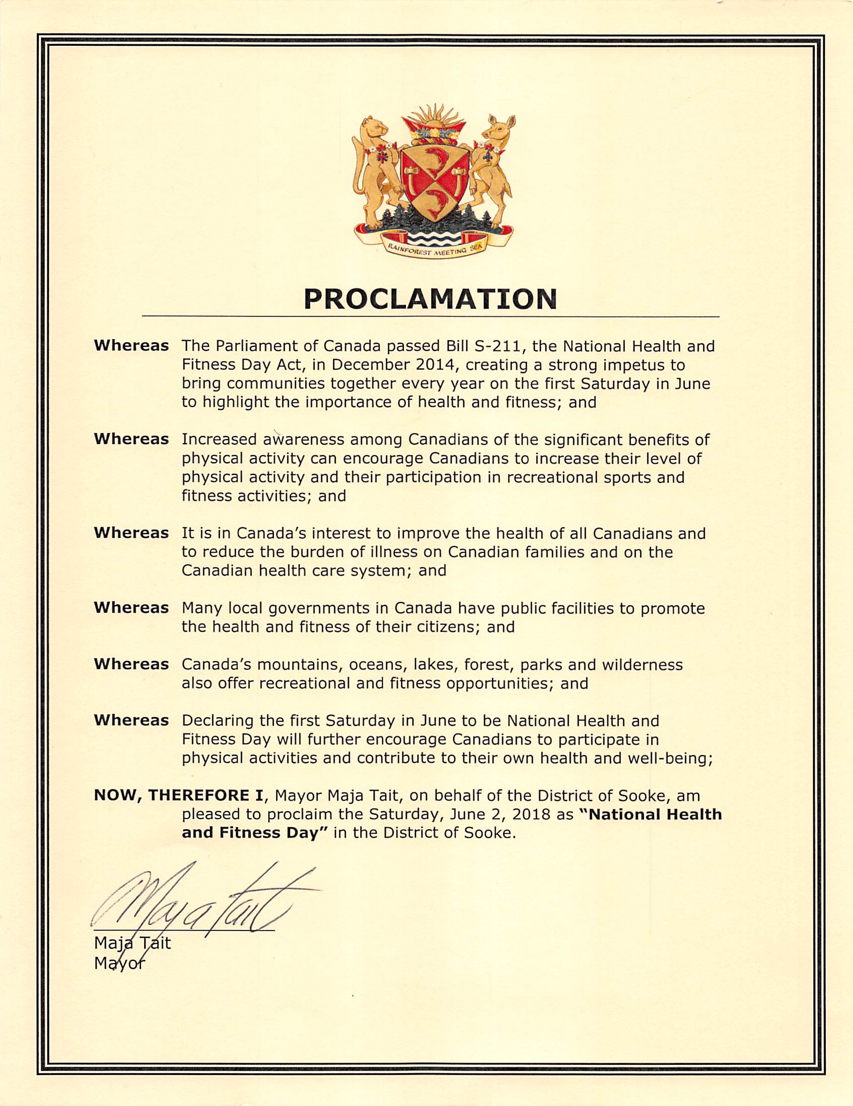 Proclamation – June 2 Is National Health And Fitness Day