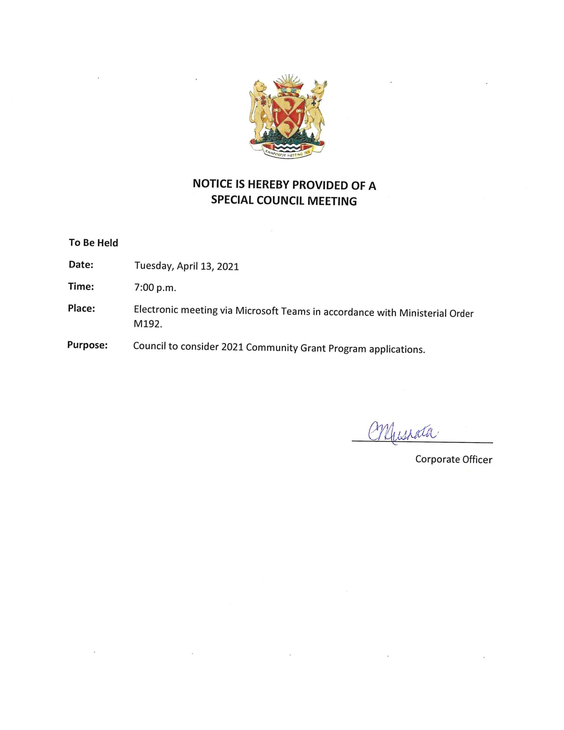 Notice Of Special Council Meeting April 13 2021 At 7 00 P M Notice Of Special Council Meeting April 13 2021 At 7 00 P M