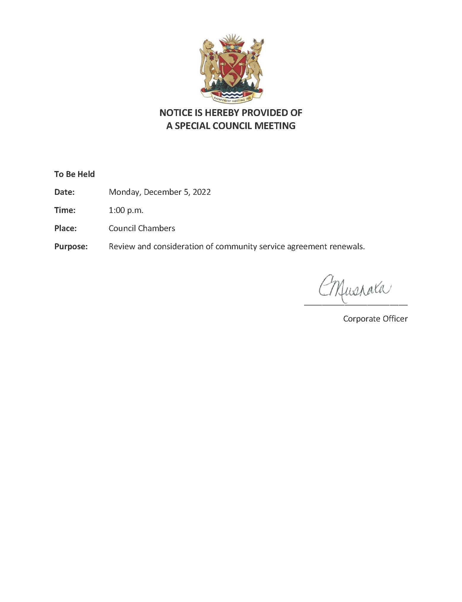 Notice of December 5 special meeting