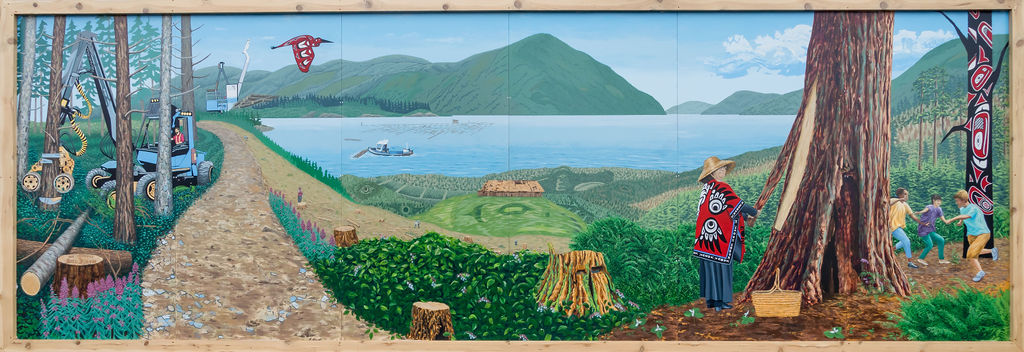 A colourful mural depicting a scene blending traditional Indigenous culture with modern forestry and natural landscapes. On the left, logging machinery and felled trees represent the area's forestry heritage. In the center, a river winds through lush greenery with a longhouse in the distance, and a canoe glides across the water. On the right, a large cedar tree stands tall, with a person in traditional Indigenous clothing and a woven hat observing a group of children playing near a totem pole. The mural is framed by scenic mountains and forested hills.